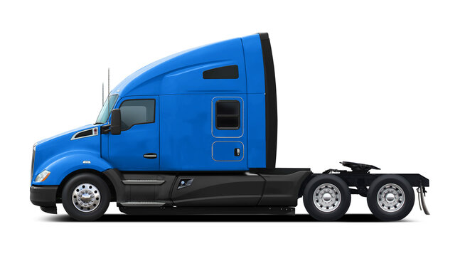 Modern American blue truck with black plastic underside. Side view isolated on white background.