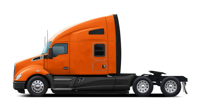 Modern American orange truck with black plastic underside. Side view isolated on white background.