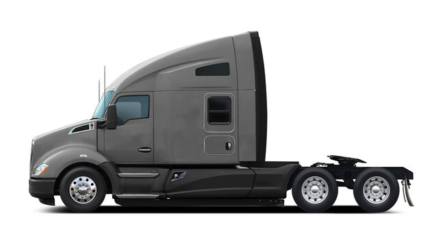 Modern American gray truck with black plastic underside. Side view isolated on white background.