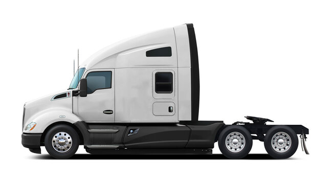 Modern American white truck with black plastic underside. Side view isolated on white background.