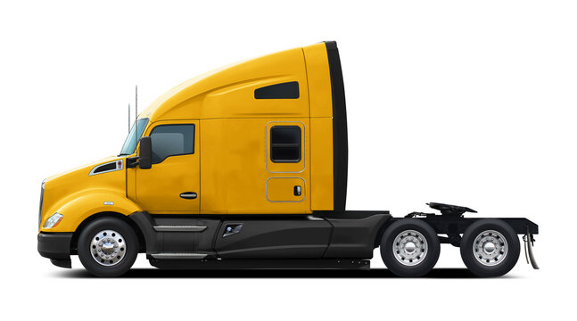 Modern American yellow truck with black plastic underside. Side view isolated on white background.