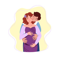 Beautiful smiling pregnant woman with her husband. Happy man hugging his pregnant wife.Young happy future mom. In anticipation of the birth of a child. Vector illustration in cute cartoon style.