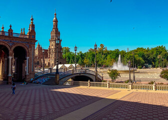 Seville, Spain: 03-07-2021: Seville Sevilla Plaza de Espana in Andalusia Spain square. is a square in the Parque de Maria Luisa, Historical landmark. Arabic ceramic style. 