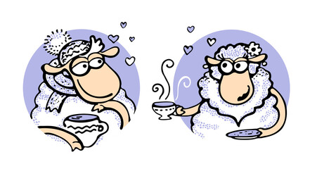 Set of cute aries boy and lamb girl with cup and loving look as sticker for valentines day