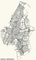 Detailed navigation black lines urban street roads map of the Dutch regional capital city of HAARLEM, NETHERLANDS on vintage beige background