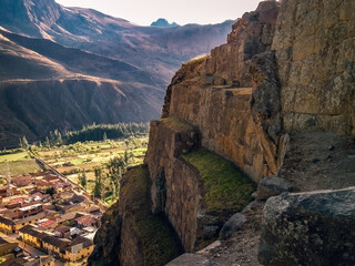 Ollantaytambo, a fortress and city of Incas in Cusco Peru. Ancient building in Sacred Valley in Peruvian Andes.