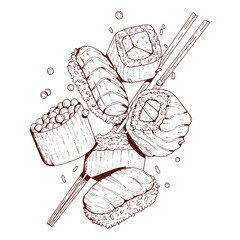 Sushi set, sketch drawn vector. Outline illustration of delicious sushi and rolls set with chopsticks in motion. Cafe logo, signboard, asian cuisine menu decoration, ad banner design element.
