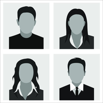 Templates of photos of men and women. Photos on the badge cards and documents. Flat design. Isolated on a white background. Vector illustration.