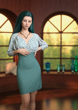 A 3d digital render of a a young woman with a soft blue green dress standing in front of windows with green and blue glass bottles reflected in the floor.