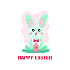 Easter bunny and easter egg illustration in flat style isolated on white background in blue and pink colors. Hand drawn cartoon character for print, greeting card, poster. Happy Easter text. Vector