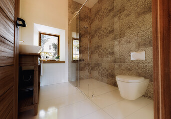 3D rendering of contemporary bathroom with classic elements and walk in shower