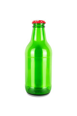 Empty glass green bottle with red cap, isolated on white background