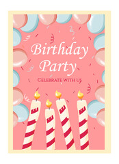 Birthday card. Celebration. Candles and balloons. Vector Stock illustration. Cake. Pink background. Celebration. Fireworks. party invitation
