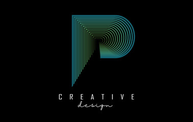 Letter P logo with colorful gradient lines. Vector illustration with geometric typography.