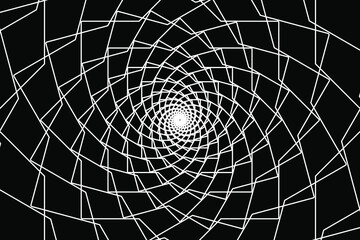 Abstract wireframe tunnel. The white line rotates cards on the black background. Vector illustration.