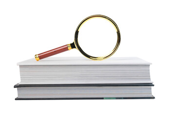 Books stack and magnifying glass isolated on white background. Education, close scrutiny of...
