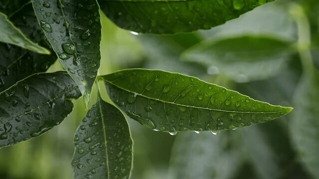 Green foliage close-up with water drops and beautiful bokeh as it rains. Foliage in rainy weather. Green rainy garden background. Raw 4k video. 
