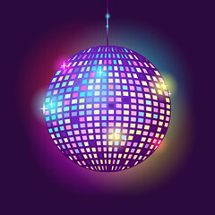 Disco ball glowing on a dark background. Night party in the club. Vector stock illustration. 