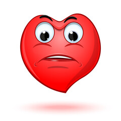 Emoticon sad facein the shape of a heart. Angry red heart emoji. Cartoon heart with displeased expression. Vector illustration