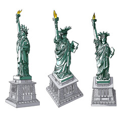 US Statue of Liberty set drawing. USA New York city famous tourist landmark. Poster or flyers sculpture illustration element. Hand drawn logo of American symbol for presentations. Vector.