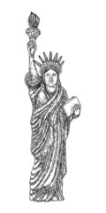 Statue of liberty in hand drawing style, line hatching stroke. Hand drawn sketch. American national symbol, New York and USA landmark. Vector.