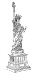 Statue of liberty in hand drawing style, line hatching stroke. Hand drawn sketch. American national symbol, New York and USA landmark. Vector.