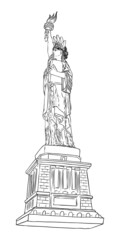 US Statue of Liberty drawing. USA New York city famous tourist landmark. Poster or flyers sculpture illustration element. Hand drawn logo of American symbol for presentations. Vector.