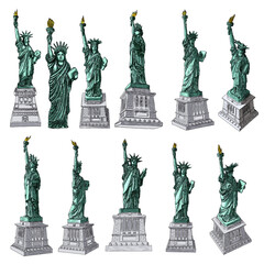 US Statue of Liberty set drawings in color. USA New York city famous tourist landmark. Poster or flyers sculpture illustrations elements. Hand drawn logo of American symbol for presentations. Vector.