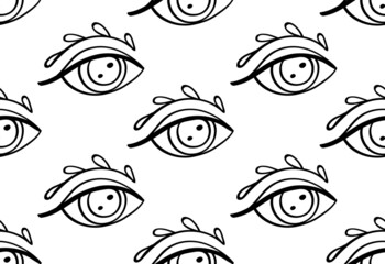 Abstract doodle eyes. Seamless pattern on the white background.