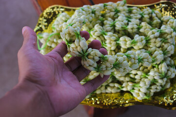 Naklejka na ściany i meble Hand holding jasmine necklace that usually used in Javanese Wedding tradition that worn by the bride's mother to the groom as a symbol of welcome to the family