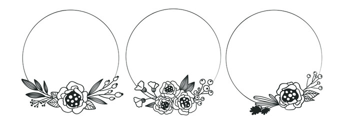 Flower wreath set. Drawn by hand in a doodle style. Ideal for colouring pages.