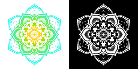 Flower petal pattern. applied thai art in mandala style. Set of white, black and gradient colors. Design texture elements for card, cover, poster, wall. Vector illustration.