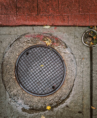 Wet metal manhole cover sits in a concrete ring with red brick paving stones along the top