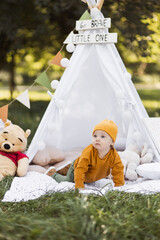 Cute caucasian baby boy in stylish clothes playing in colorful wigwam among summer nature. Concept of childhood, picnic and family time. © Sofiia Shunkina