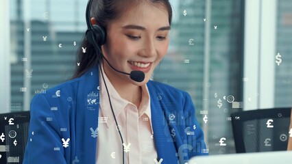 Customer support call center provide data with envisional graphic . Business and communication technology concept .