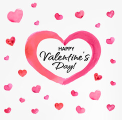 Happy Valentines Day Banner, Beautiful Background with Watercolor Hearts, Lettering and Aquarell