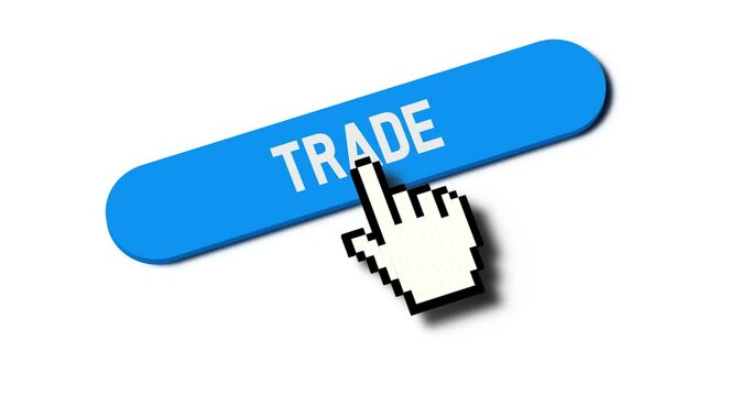 Pixel Hand cursor choosing Trade text button on isolated white background. 3D render digital finger points and swipes icon out of frame. Loop-able real time video. Online financial advise by click.