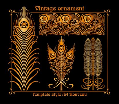 Golden peacock feathers. Vector set of design elements in the style of modern, modern. Combinations Ornementales Alfons Mucha