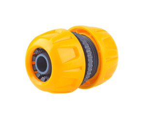 Orange garden water hose nozzle and connectors isolated on white background with soft shadow.