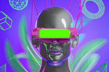 metaverse vr simulation gaming cyberpunk style, digital robot, 3d illustration rendering, virtual reality