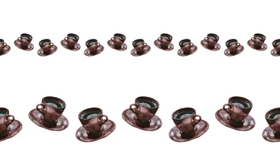 Seamless border of watercolor brown coffee cups with saucers, isolated on white. For stationery, duct tape, menu, packaging design, invitations and cards.
