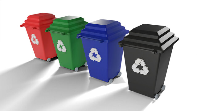 Trash cans garbage containers of different colors 3D rendering illustration