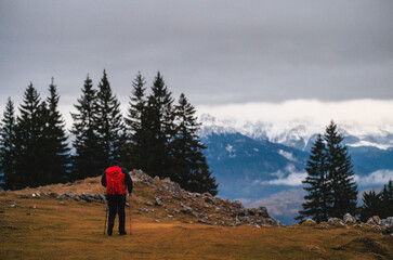 Fototapeta premium Mountaineers, hikers, and travelers can spend the day adventuring in the snowy mountains on a sunny winter day
