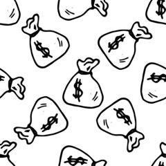 a pattern from a bag with a dollar sign. a seamless pattern of doodle-style drawings, a small knotted bag of money, an isolated black counter on white. symbol of wealth