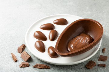 Chocolate easter egg on the table.