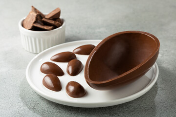 Chocolate easter egg on the table.