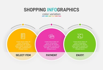 Concept of shopping process with 3 successive steps. Three colorful graphic elements. Timeline design for brochure, presentation, web site. Infographic design layout.
