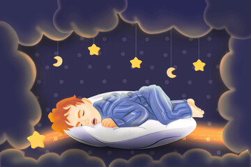 Sleeping baby having magical dreams, shooting star in the night sky carries a child into the dream world, kid sleeping on a pillow, sweet dreams illustration