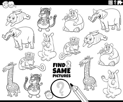 find two same comic animals task coloring book page