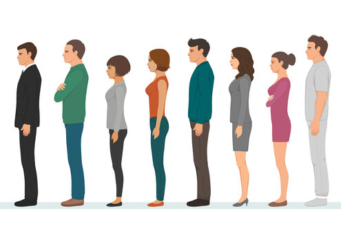 Business Men and women Waiting in Line, Men and Women People In Side Standing View Vector Illustration